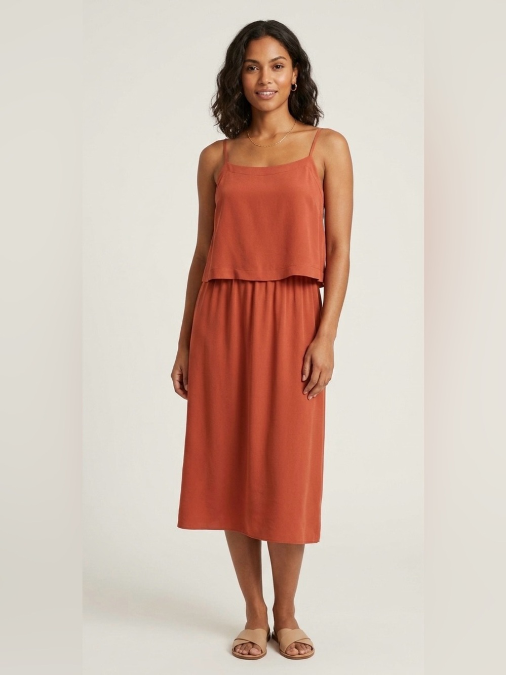 Madewell 100% Silk Overlay Cami Midi Dress Rust Orange Spaghetti Strap